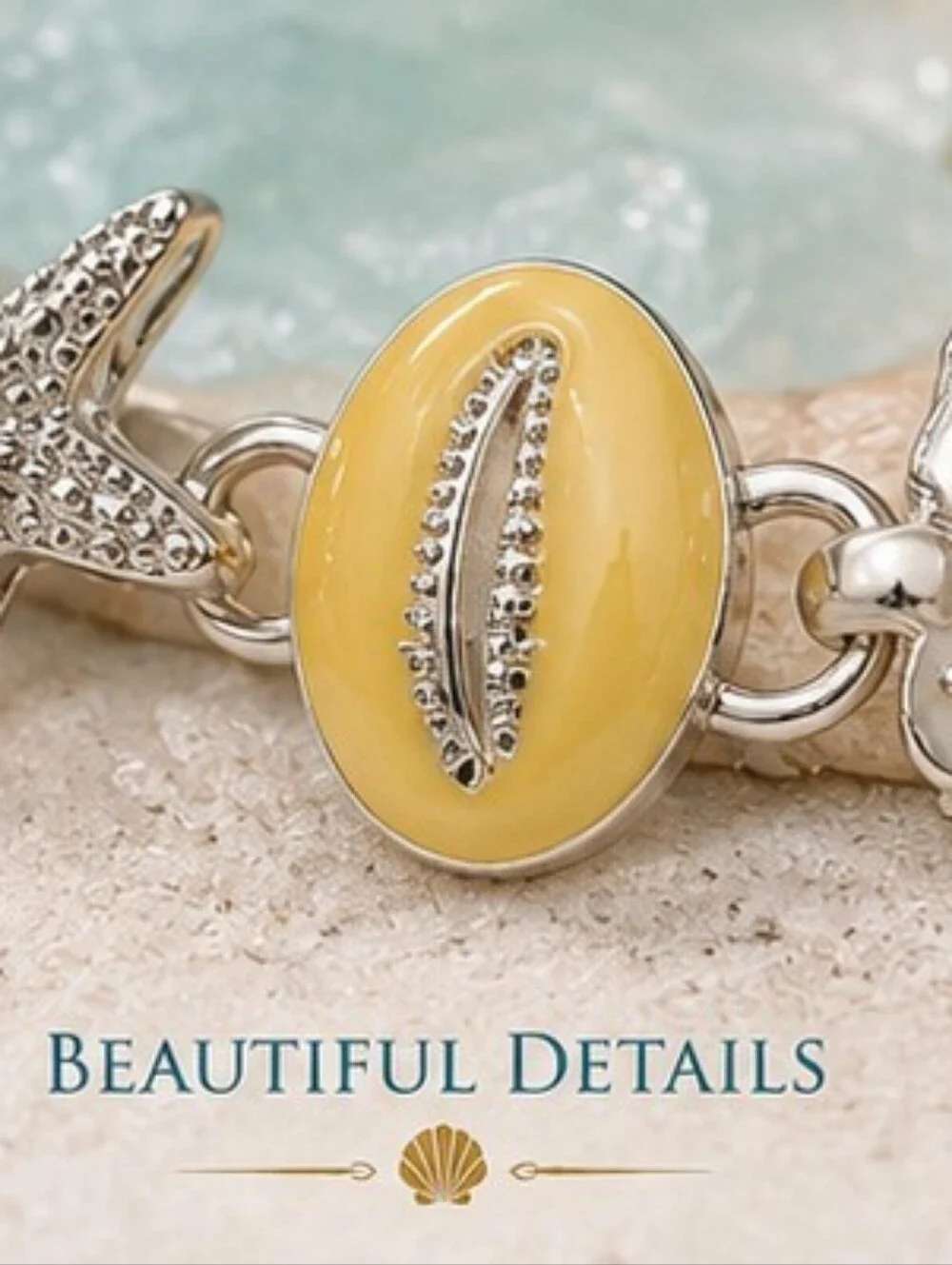 Coastal Starfish Seashell Bracelet 14K White Gold Plated Yellow Enamel NWOT